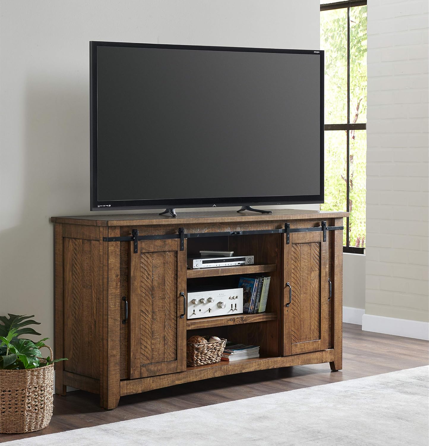 Martin Svensson Home 65' Solid Pine Wood Entertainment Center with Storage. Rustic TV Stand for TVs up to 70.' Sliding Doors, Adjustable Shelves & Cable Management – Natural Finish