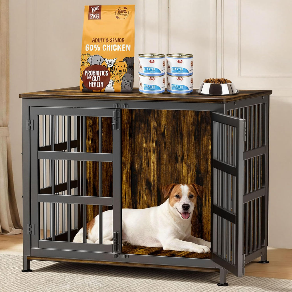 33'' Dog Crate Furniture Large Breed Dog Crate Dog Kennels for Inside Wooden Dog Crates End Table Heavy Duty Indoor Combination Cage for Medium to Large Dogs Walnut