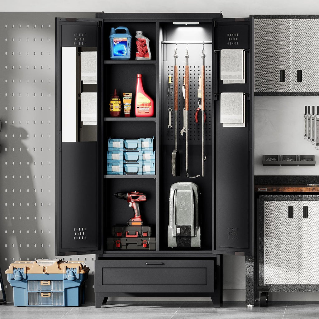 YITAHOME 71' Metal Garage Broom Cabinets with Adjustable Shelves, Vacuum Storage Cabinet with Doors and Drawer, Tool Storage Cabinet for Gym, Basement, Warehouse, Black