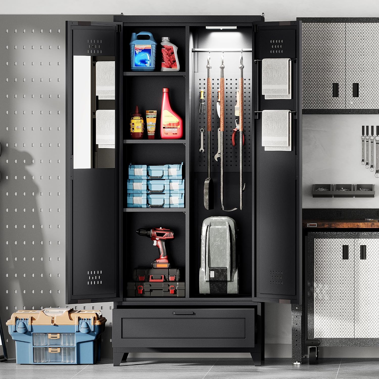 YITAHOME 71' Metal Garage Broom Cabinets with Adjustable Shelves, Vacuum Storage Cabinet with Doors and Drawer, Tool Storage Cabinet for Gym, Basement, Warehouse, Black