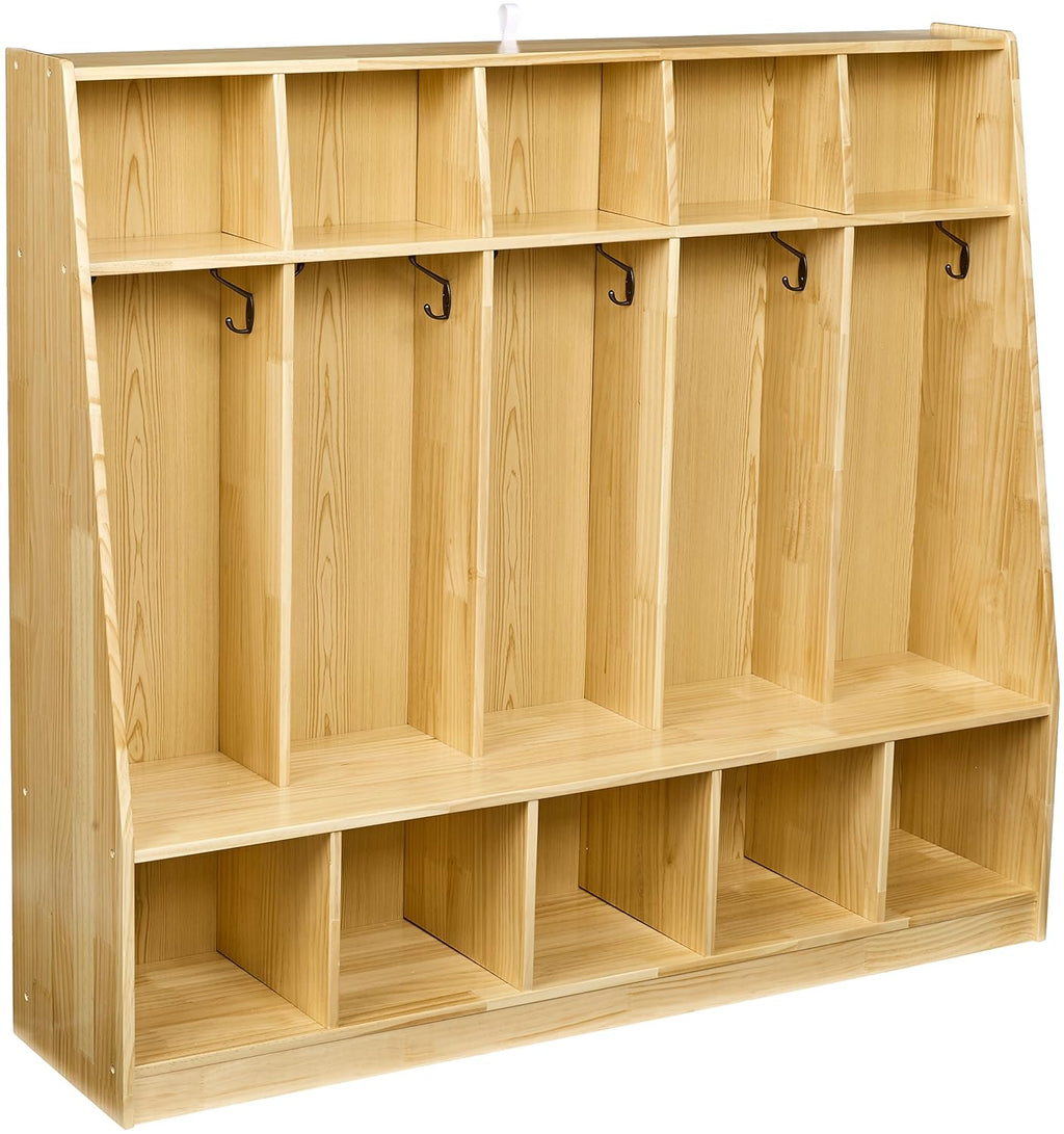 Amazon Basics Coat Locker, 5-Section with Bench, Daycare Classroom Furniture, Backpack Storage, 13'D x 54'W x 48'H, Natural Finish, Solid Pine Wood, Mudroom Furniture with Hooks for Home