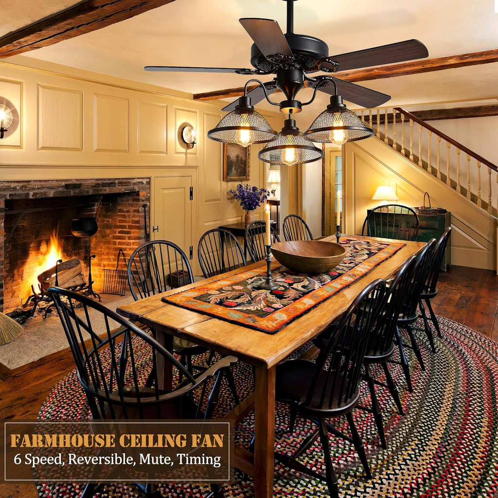 Bagood Farmhouse Ceiling Fan with Light 52 Inch Ceiling Fan with Light Rustic Ceiling Fan with 5 Reversible Wood Blades Vintage Ceiling Fan with Lights and Remote for Bedroom Living Room Dining Room