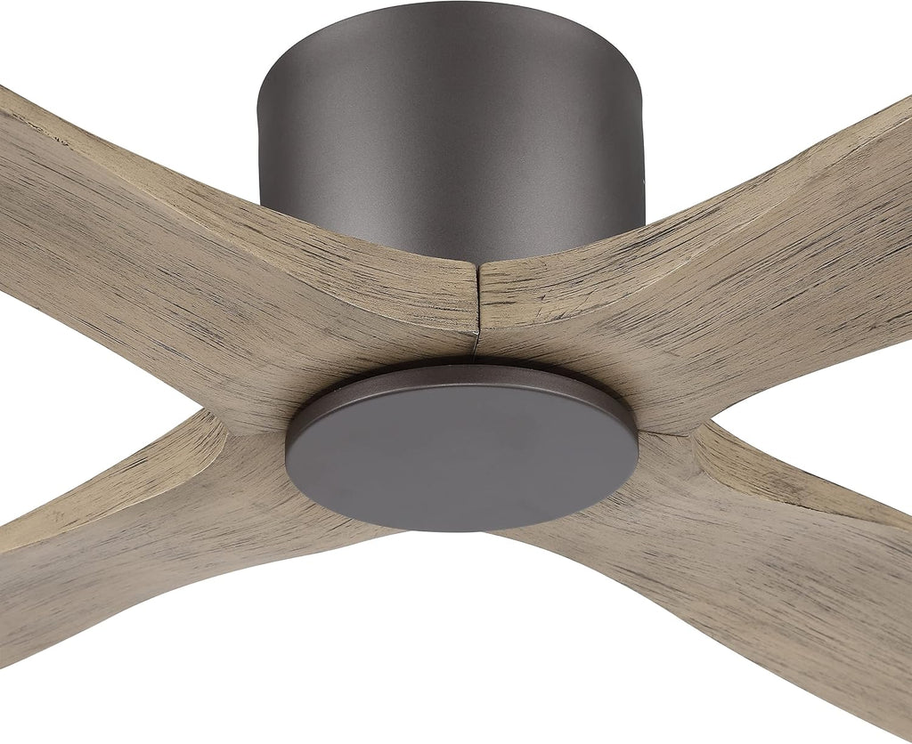 WINGBO 54 Inch Flush Mount DC Ceiling Fan without Lights, 4 Reversible Carved Wood Blades, 6-Speed Noiseless DC Motor, Hugger Ceiling Fan No Lights in Graphite Finish with Gray Blades, ETL Listed