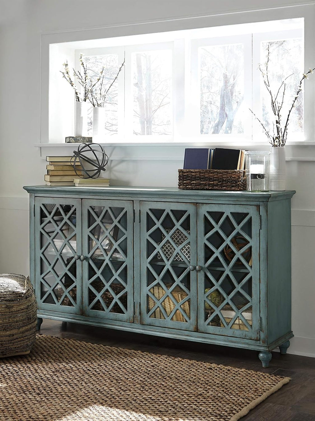 Signature Design by Ashley Mirimyn Vintage 69' 4-Door Accent Cabinet with Mirrored Glass and 2 Adjustable Shelves, Antique Blue