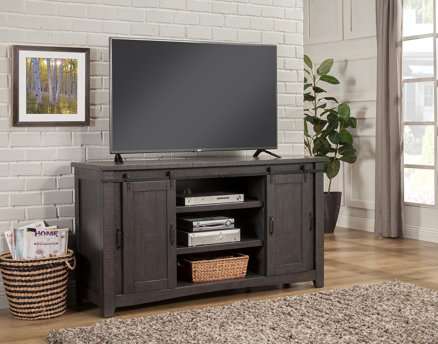 Martin Svensson Home 65' Solid Pine Wood Entertainment Center with Storage. Rustic TV Stand for TVs up to 70.' Sliding Doors, Adjustable Shelves & Cable Management – Gray Finish