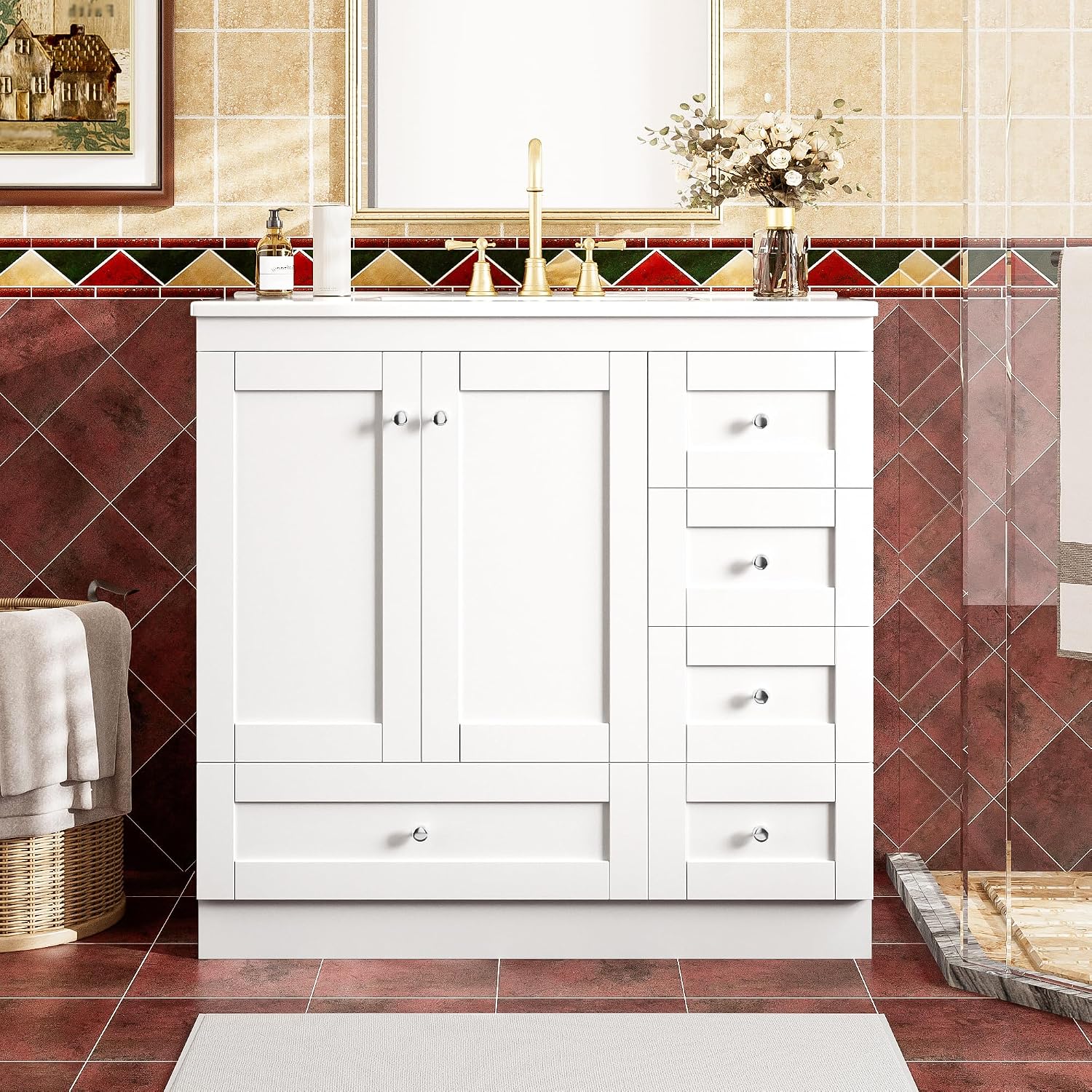 LUMISOL 36'' Bathroom Vanity with Sink, Freestanding Single Vanity with Ceramic Sink, Modern Bathroom Storage Cabinet with Soft Close Doors & Drawers for Guest Bath, Master Suite, Rental, White
