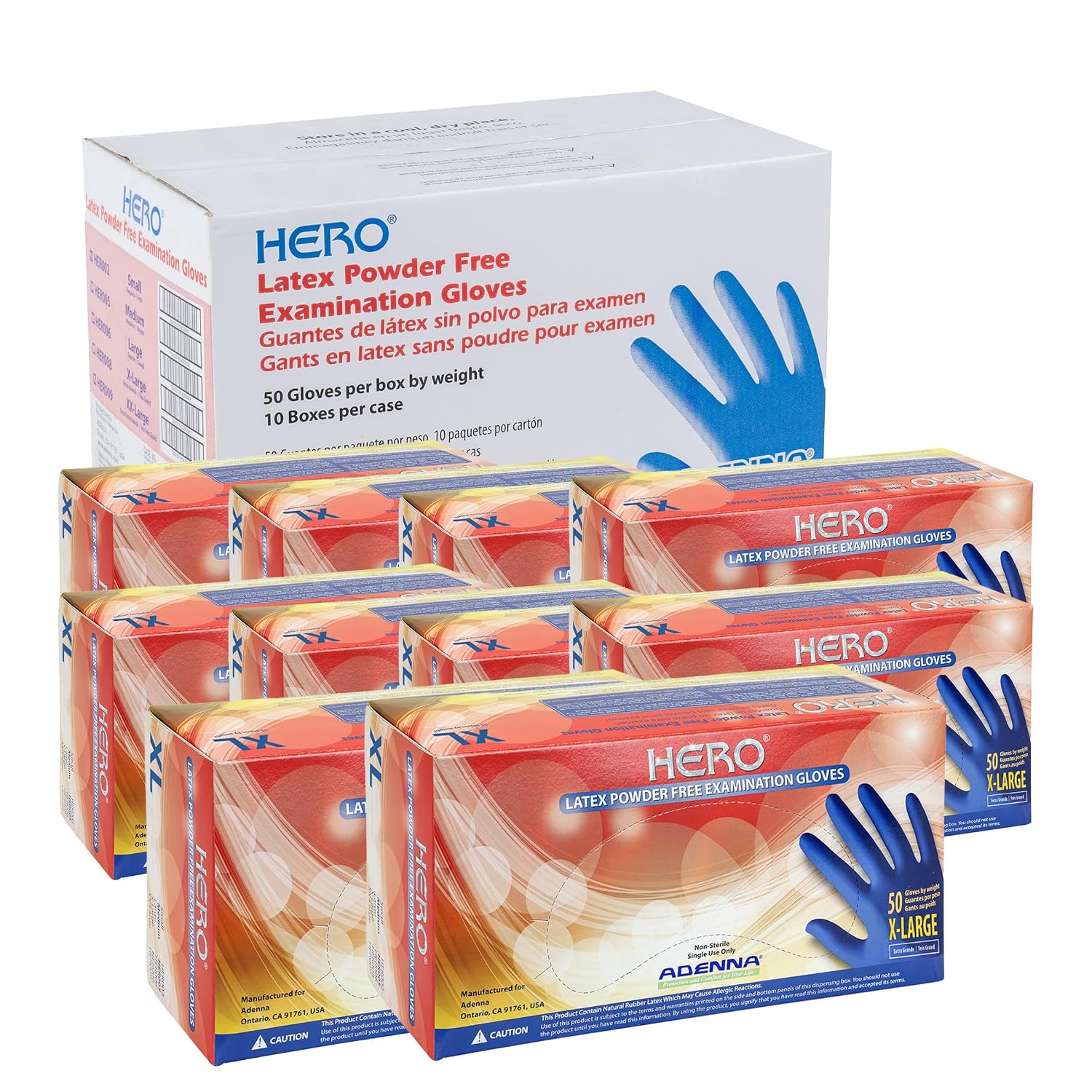 Adenna HERO Disposable Latex Gloves - 14 Mil, NFPA-Approved Heavy Duty Glove with 12' Extended Cuff & Micro-Textured Grip, Exam Grade, Powder Free, Case of 500, X-Large, Blue
