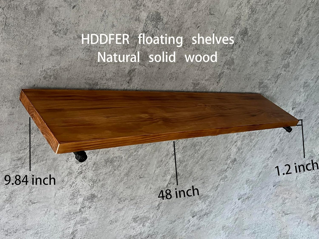 HDDFER Industrial Pipe Wall Wood Shelves,Real Wooden Shelves 48' in Special Brown Color with 1.2' Extra Thickness, Modern Floating Shevles Bookshelf Shelving Units for Rustic Farmhouse Decor