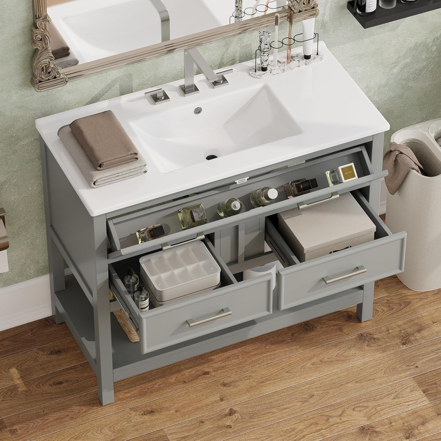 Bathroom Vanity 36 Inch with Ceramic Sink, Flip Top Tray, Wooden Bathroom Sink Cabinet with 2 Drawers and Open Shelf, Freestanding Vanity for Guest Baths Master Suites, Rental Units (Gray)