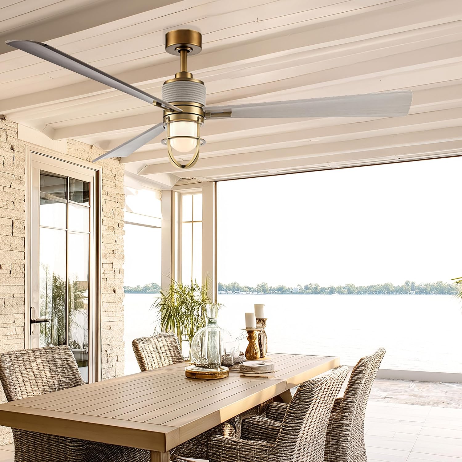 MINKA-AIRE F768L-LBR/WCD Nauticus 65' 3-Blade LED Smart Indoor/Outdoor Ceiling Fan in Legacy Brass and Warm Coastal Driftwood Finish Blades with Clear Glass