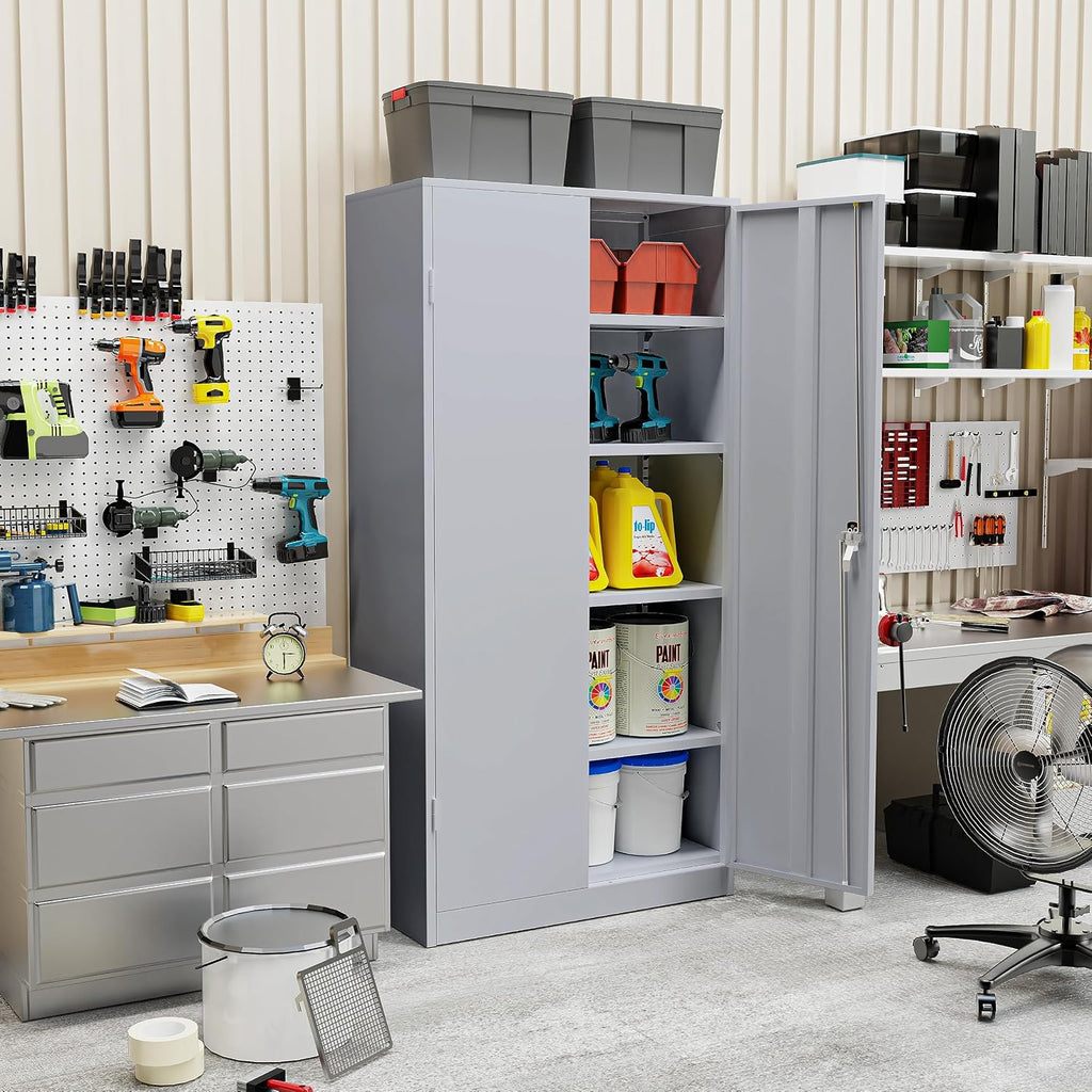 SUNCROWN 72' Metal Storage Cabinet - Heavy-Duty Metal Garage Cabinet with 4 Adjustable Shelves & 2 Doors for Tools, Office, Home, Workshop,Cement Grey