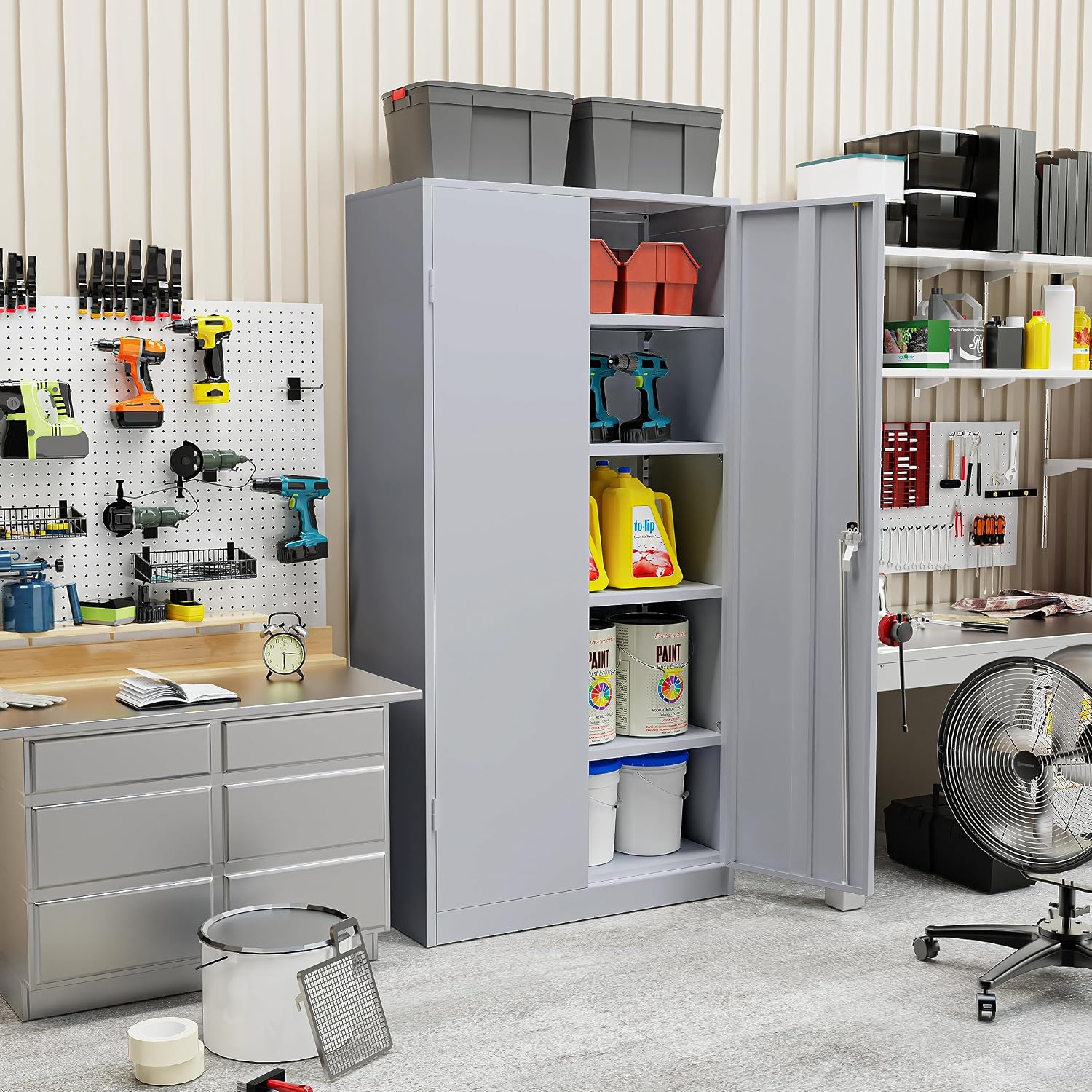 SUNCROWN 72' Metal Storage Cabinet - Heavy-Duty Metal Garage Cabinet with 4 Adjustable Shelves & 2 Doors for Tools, Office, Home, Workshop,Cement Grey