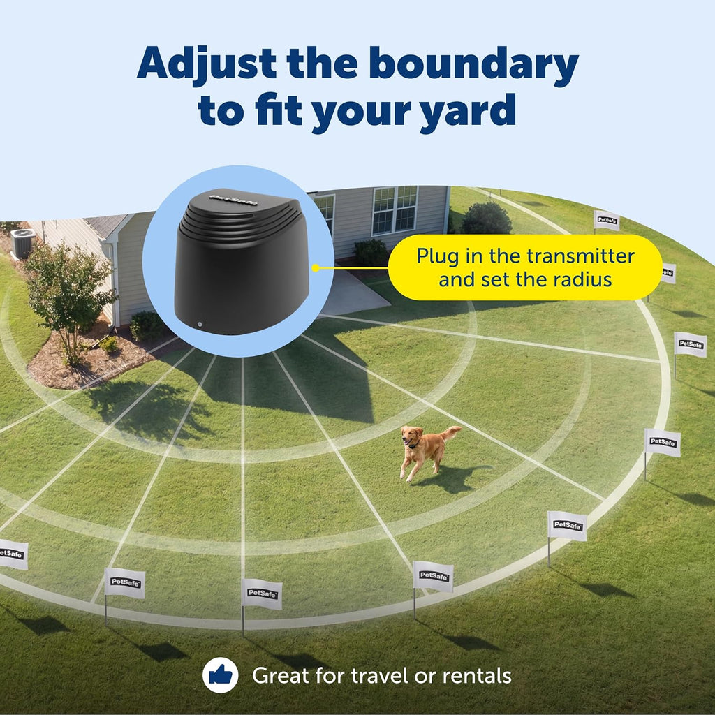PetSafe Stay & Play Compact Wireless Fence, LCD Screen to Adjust the Circular Boundary, Secure up to 3/4 Acre Area, Use for All Your Pets, Portable System with 50 Extra Flags