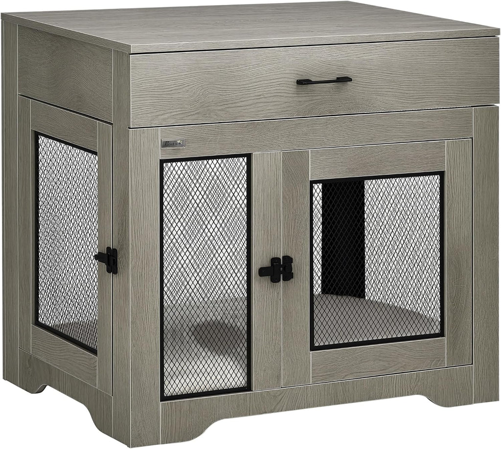 PawHut Dog Crate Furniture with Soft Water-Resistant Cushion, Dog Kennel End Table with Drawer, Puppy Crate for Small Dogs Indoor with 2 Doors, Gray