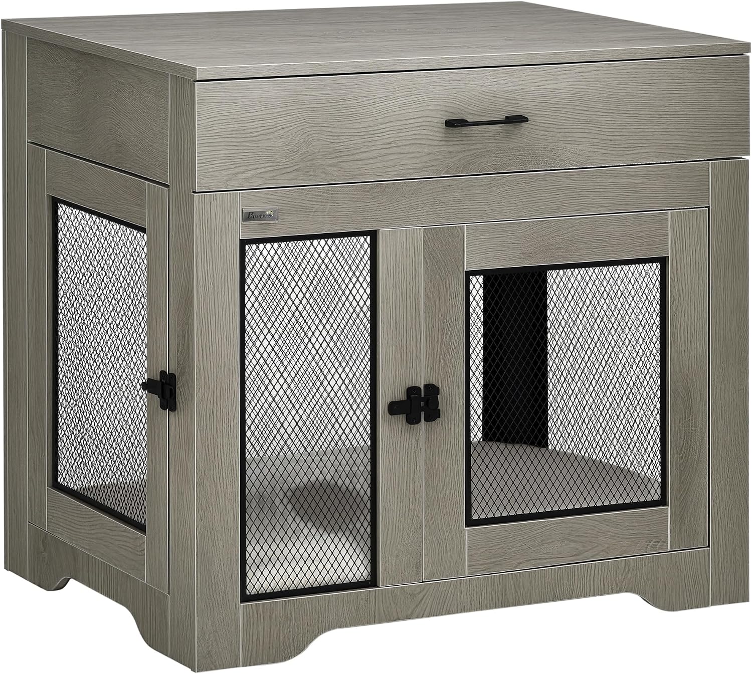 PawHut Dog Crate Furniture with Soft Water-Resistant Cushion, Dog Kennel End Table with Drawer, Puppy Crate for Small Dogs Indoor with 2 Doors, Gray