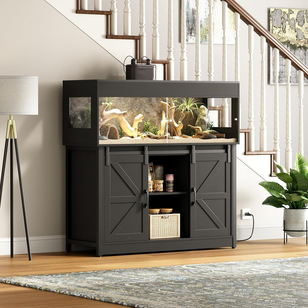 Herture 60 Gallon Reptile Terrarium with Stand, Terrarium Enclosure with Acrylic Doors, Storage Cabinet with Barn Door, Mesh Lid & Power Outlet – Vivarium Habitat for Medium Reptiles Black PX05RTB