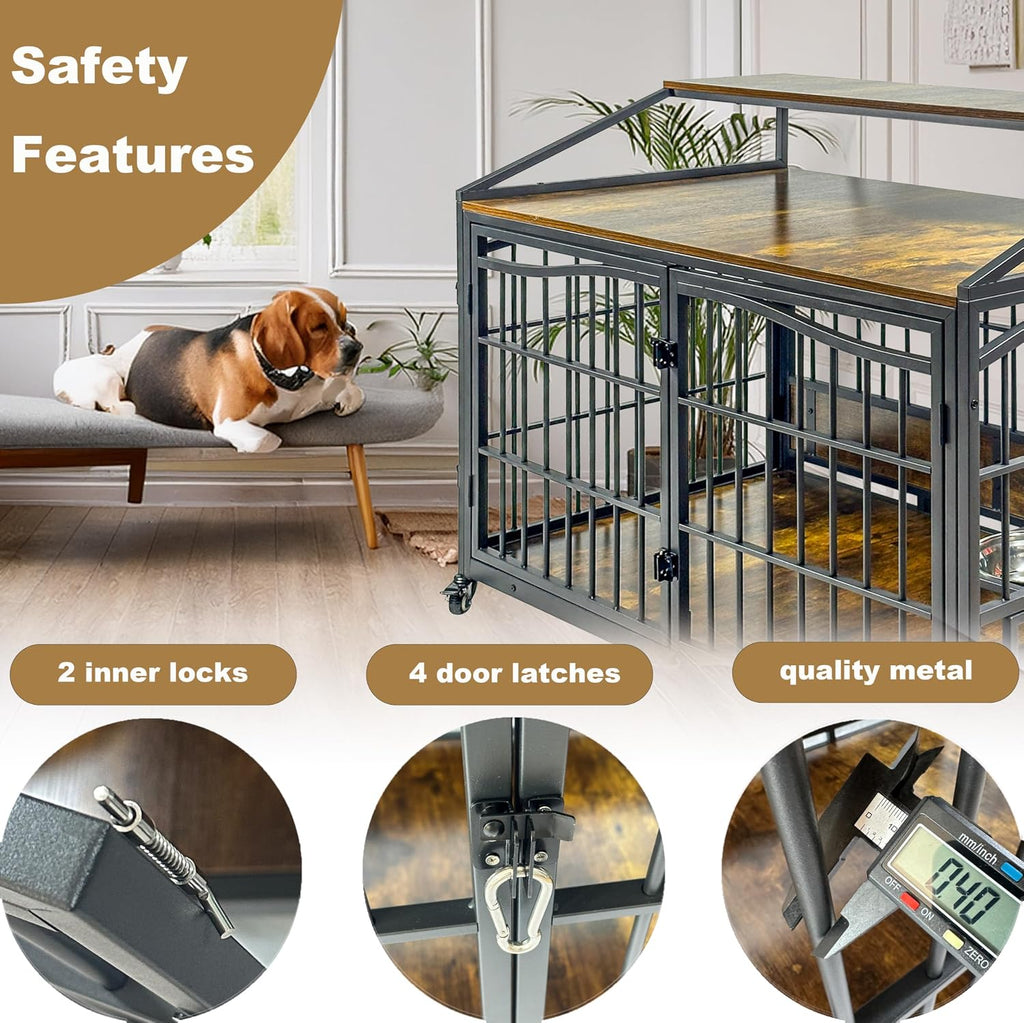 48 Inch Dog Crate Furniture, XXL Kennel Cage Rustic Wooden Pet House End Table Dog Home for Large Dogs with 2 Stainless Steel Bowls Indoor Use 48' L x 30' W x 40' H