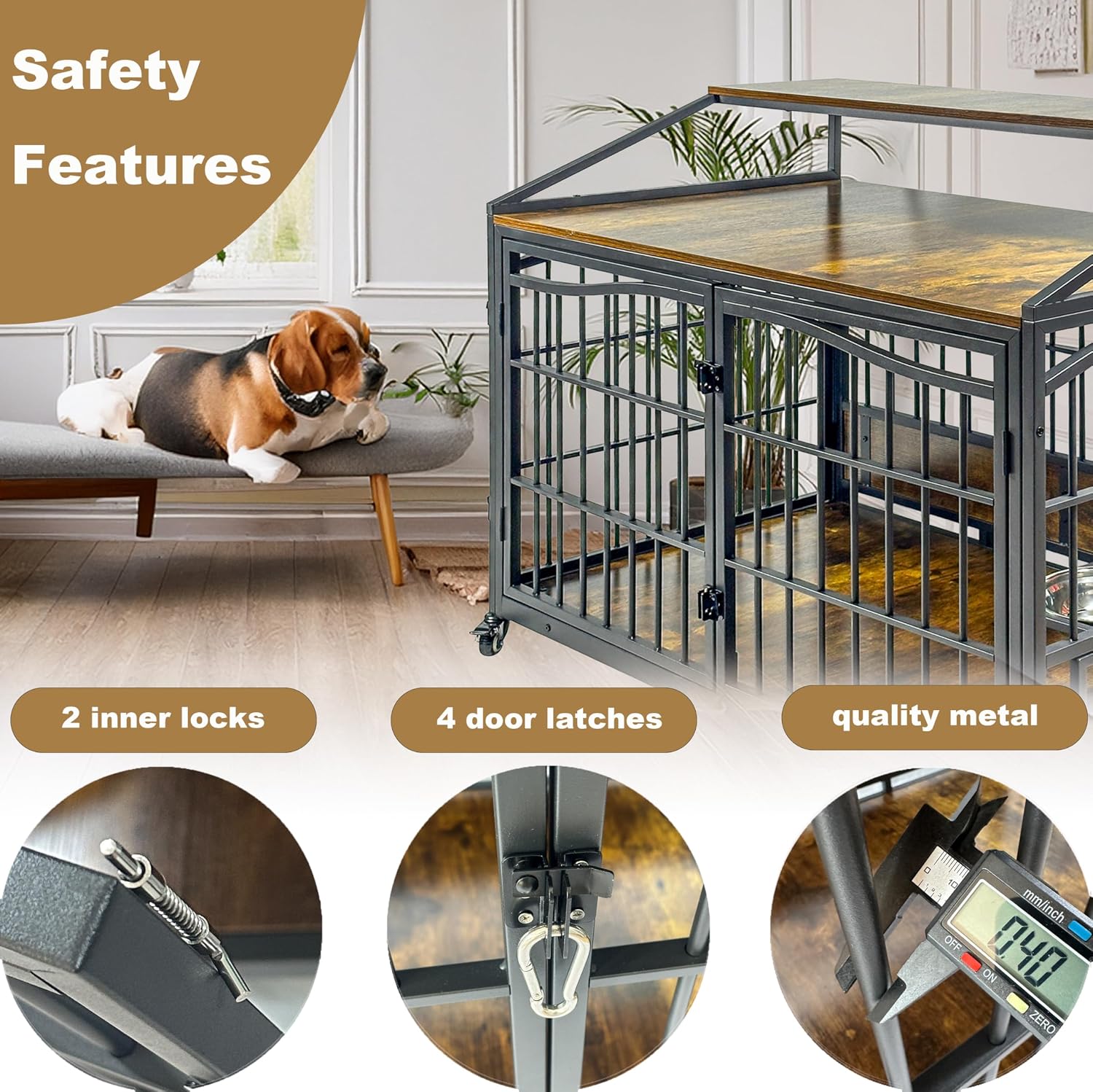 48 Inch Dog Crate Furniture, XXL Kennel Cage Rustic Wooden Pet House End Table Dog Home for Large Dogs with 2 Stainless Steel Bowls Indoor Use 48' L x 30' W x 40' H