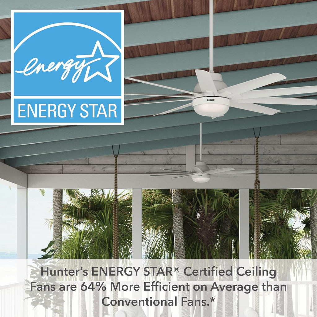 Hunter 60 inch Outdoor or Indoor Ceiling Fan with LED Light - White Ceiling Fan with Wall Control, For Patio, Garage, or Porch, Quiet, Standard Mount, 10 Blades - Overton 50720, Matte White