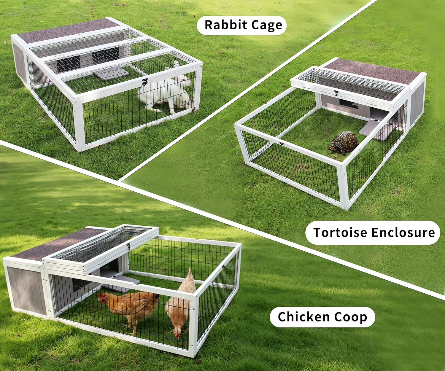 Tortoise House Habitat Wooden, Chicken Coop with Run Rabbit Hutch Small Animal Hutch Enclosure Indoor/Outdoor-Grey + White Trim