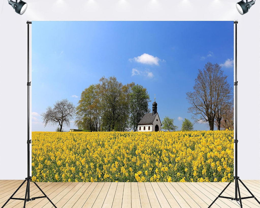 Trykid 20x10ft Yellow Rapeseed Field Backdrop Small Chapel Clear Blue Sky Photography Background Spring Festival Country Wedding Tapestry Party Decoration Photo Studio Prop Fabric