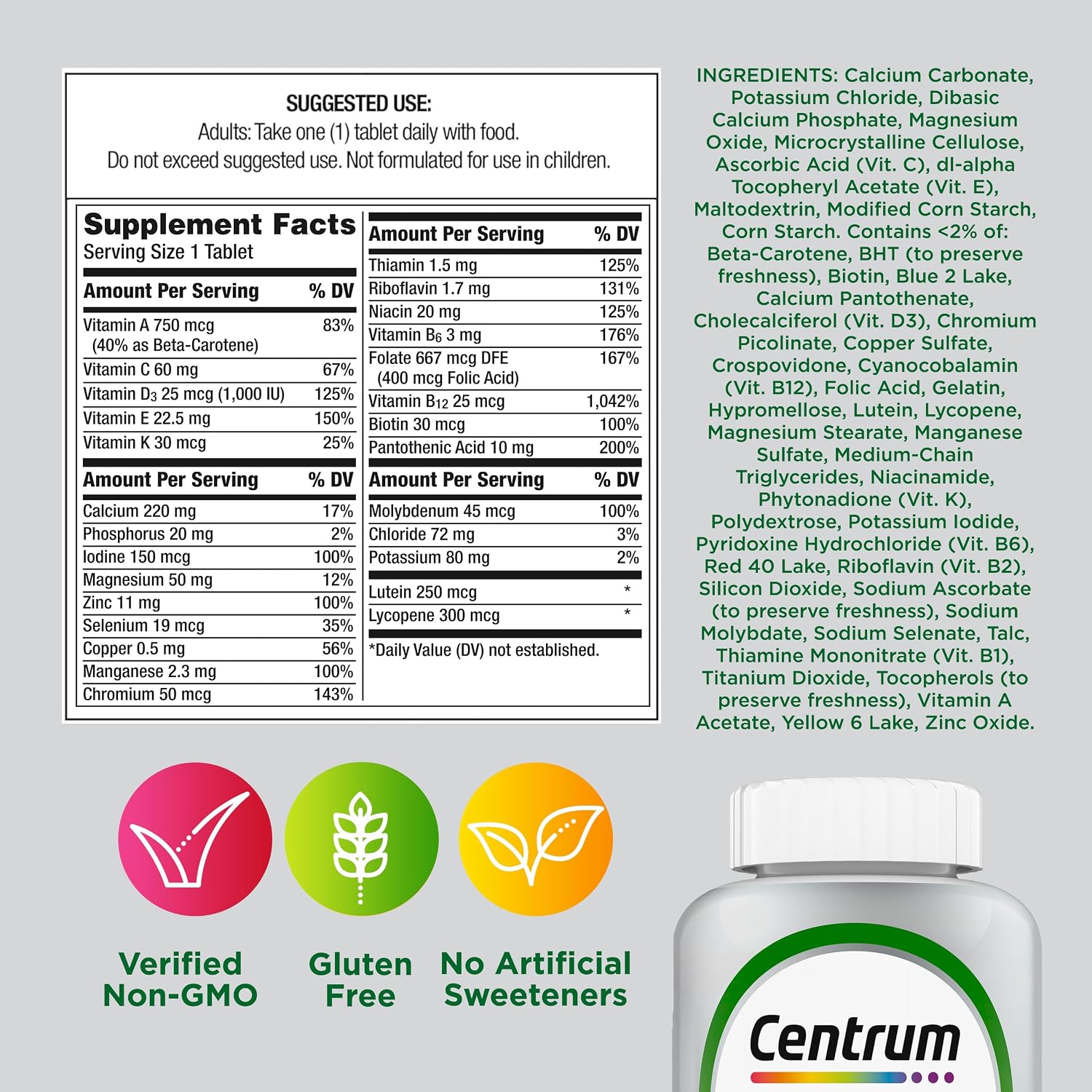 Centrum Silver Multivitamin for Adults 50 Plus, Multivitamin/Multimineral Supplement, Vitamin D3, B Vitamins, Gluten Free, Non-GMO Ingredients, Supports Memory and Cognition in Older Adults - 220 Ct