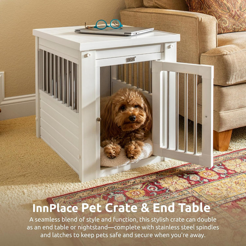 New Age Pet ECOFLEX InnPlace Dog Crate & End Table, Furniture-Style Indoor Kennel for Crate-Trained Dogs, Stainless Steel Spindles, 10-Year Warranty. 4 Colors, 4 Sizes