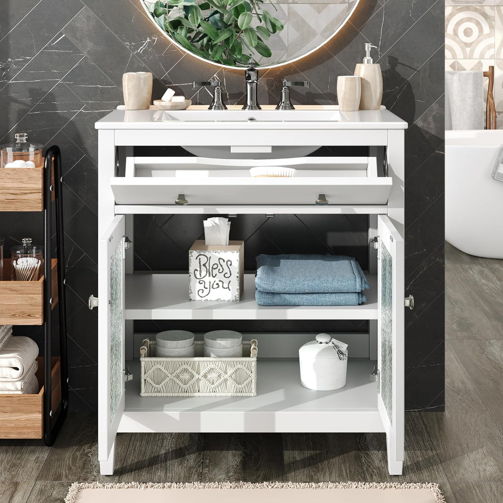 30' Bathroom Vanity with Sink, Bathroom Sink with Cabinet, Adjustable Interior Shelf, Convenient Tip-Out Tray, Silver Metal Knobs, A Modern and Practical Choice for Guest Suites