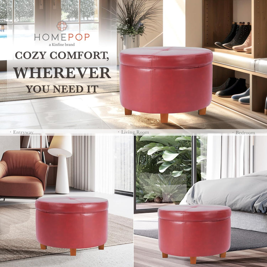 HomePop Round Leatherette Storage Ottoman with Lid, Cinnamon Red Large