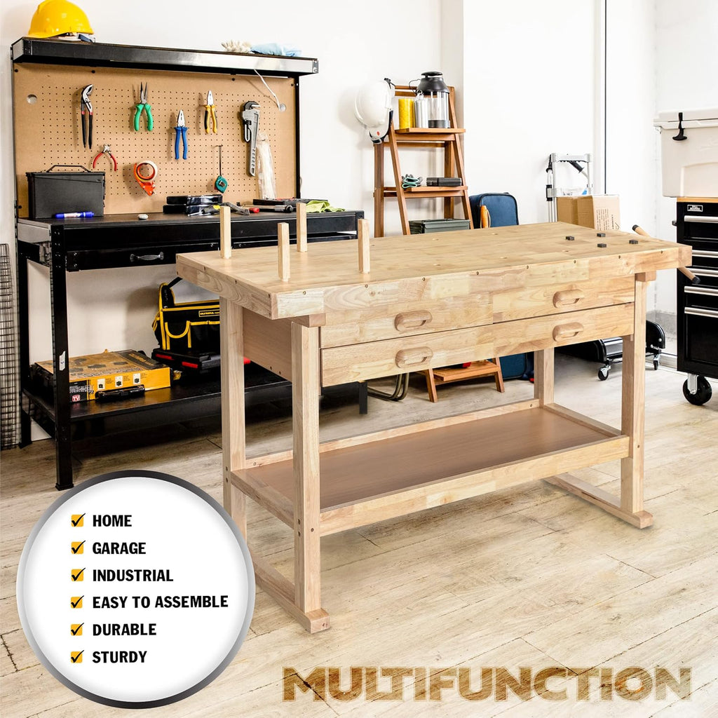 Olympia Tools 64.5' Rubber Hardwood Workbench with 4-Drawers & Clamp, 450 lb Capacity – Heavy-Duty Woodworking Storage, Tools Organizer, and Craftsman Standing Station Table for Workshop