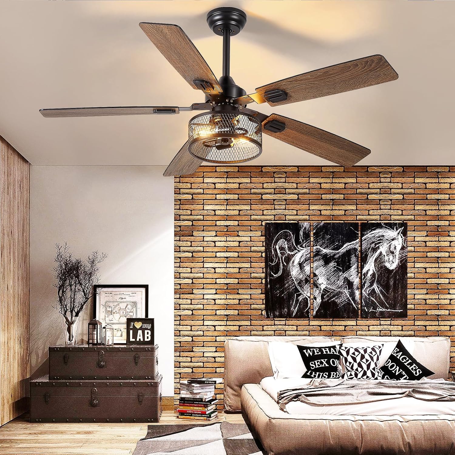 Depuley 52-Inch Ceiling Fans with Lights: Caged Ceiling Fans Dual Finish 5 Blades - Farmhouse Ceiling Fan with Remote Control for Rustic Living Room Outdoor Patio Reversible (Black Walnut)