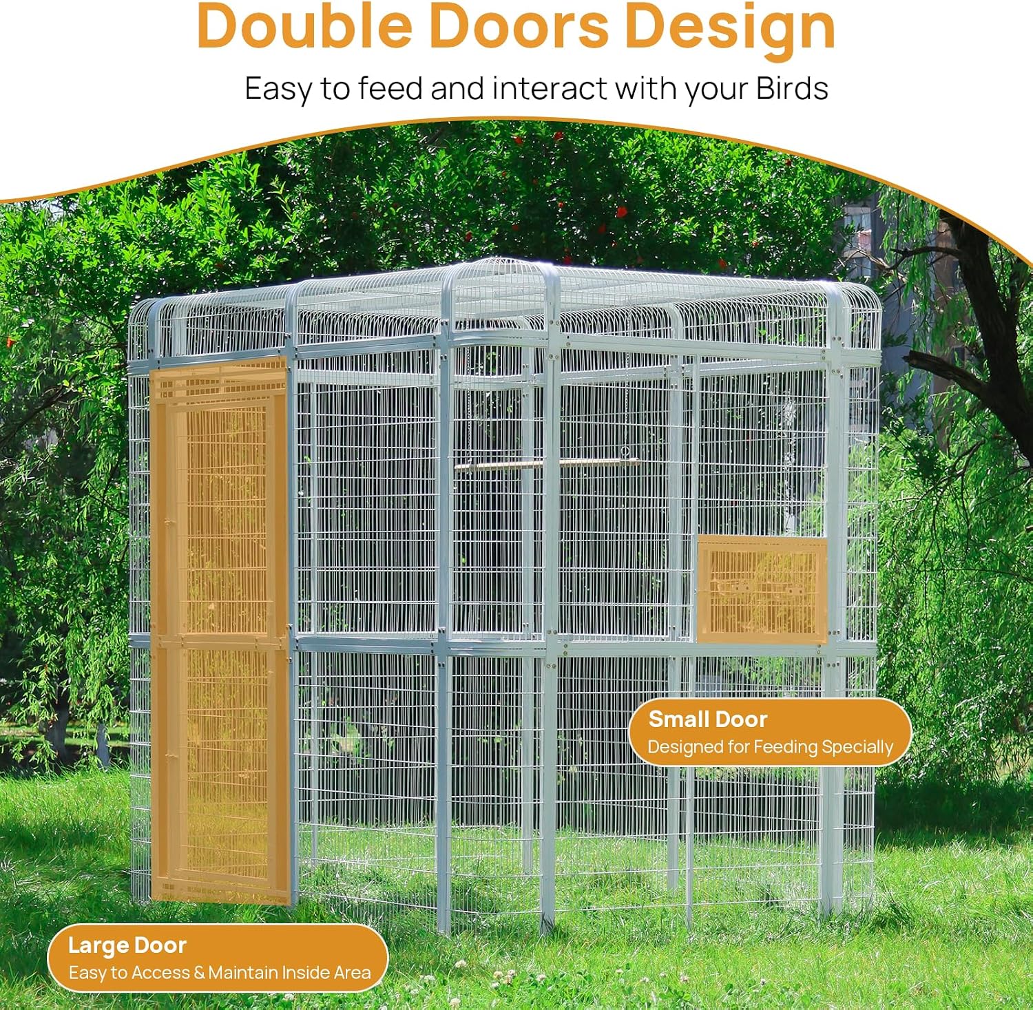 Large Walk-in Cage 87-inch Heavy Duty Bird Cage Outdoor Carbon Crystal Board Aviary Parrot Cage Wide Flight Metal Birdcage for Macaw Budgie Conure Lovebird Parakeet Cockatiel, 7.22x5.25x6.8ft, White