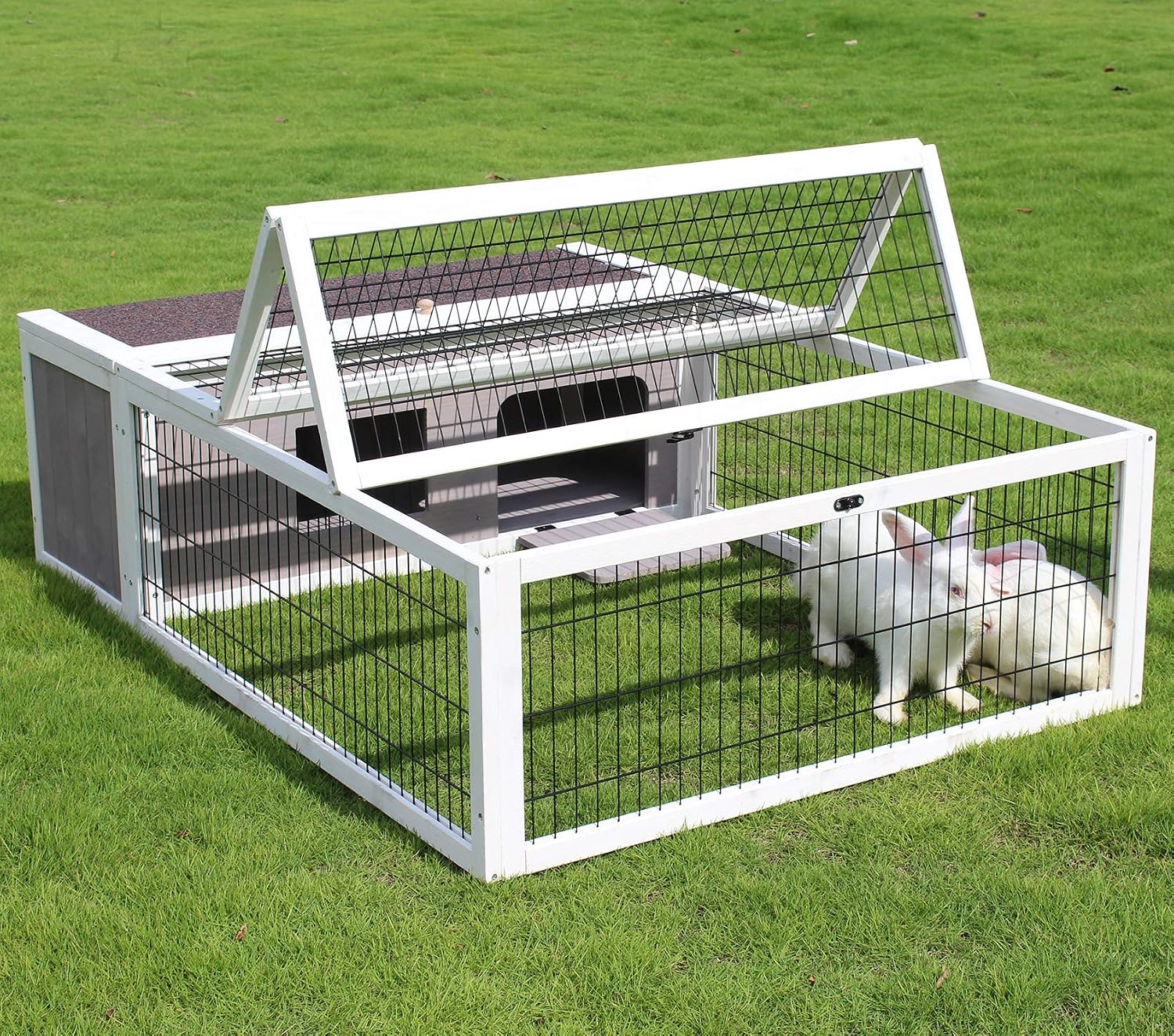 Tortoise House Habitat Wooden, Chicken Coop with Run Rabbit Hutch Small Animal Hutch Enclosure Indoor/Outdoor-Grey + White Trim