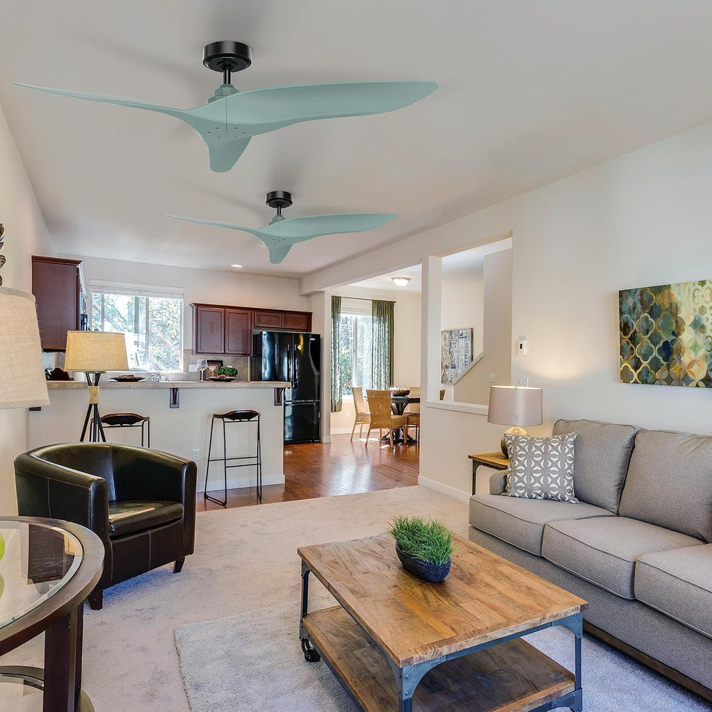 Ceiling Fans without Lights 52 Inch Ceiling Fan No Light for Bedroom Living Room, Flush Mount Outdoor Ceiling Fans for Patios, Remote Control, DC Motor Reversible 3 Blades, Noiseless, Blue-Green