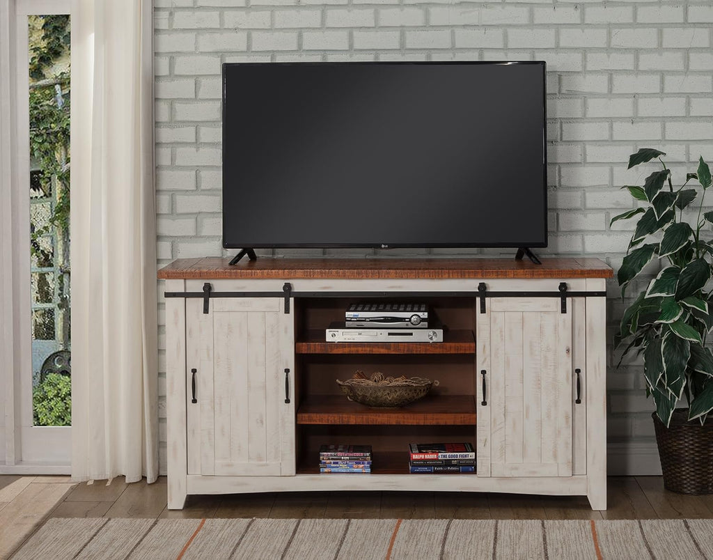 Martin Svensson Home 65' Solid Pine Wood Entertainment Center with Storage. Rustic TV Stand for TVs up to 70.' Sliding Doors, Adjustable Shelves & Cable Management – White and Honey Finish