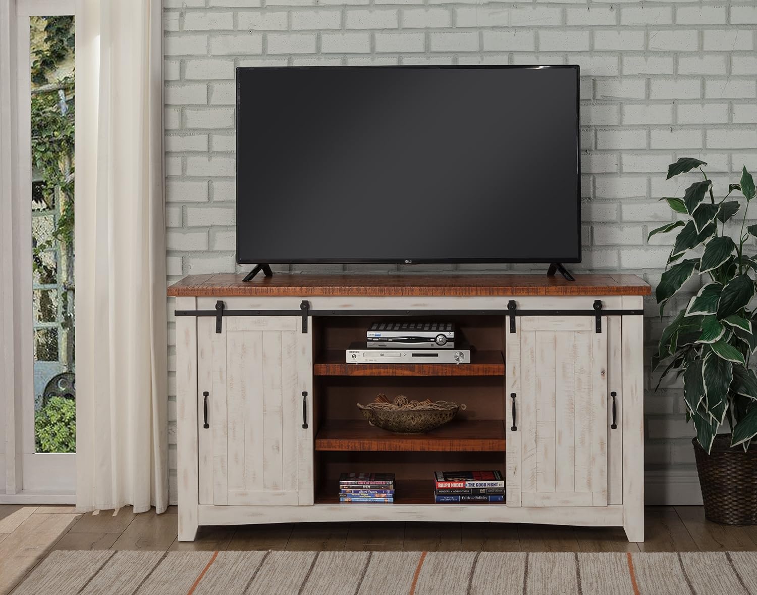 Martin Svensson Home 65' Solid Pine Wood Entertainment Center with Storage. Rustic TV Stand for TVs up to 70.' Sliding Doors, Adjustable Shelves & Cable Management – White and Honey Finish