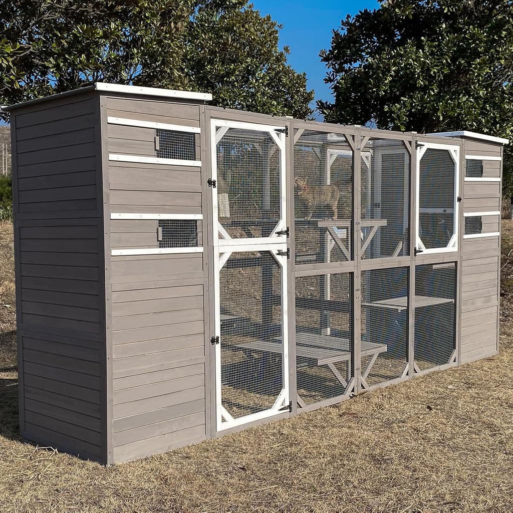 PetsCosset Large Catio Outdoor Cat Enclosure, Weatherproof Cat House Attached to Window for Multi Cats, 4 Story Wooden Kitten Condo Asphalt and UV Protection Roofs, Multi Platforms 153.6' L x 70' H