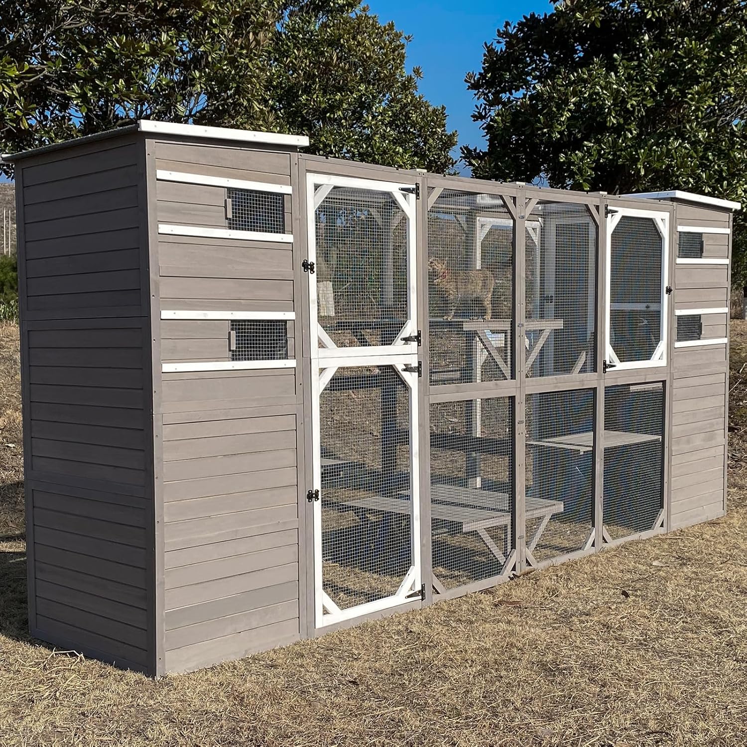 PetsCosset Large Catio Outdoor Cat Enclosure, Weatherproof Cat House Attached to Window for Multi Cats, 4 Story Wooden Kitten Condo Asphalt and UV Protection Roofs, Multi Platforms 153.6' L x 70' H