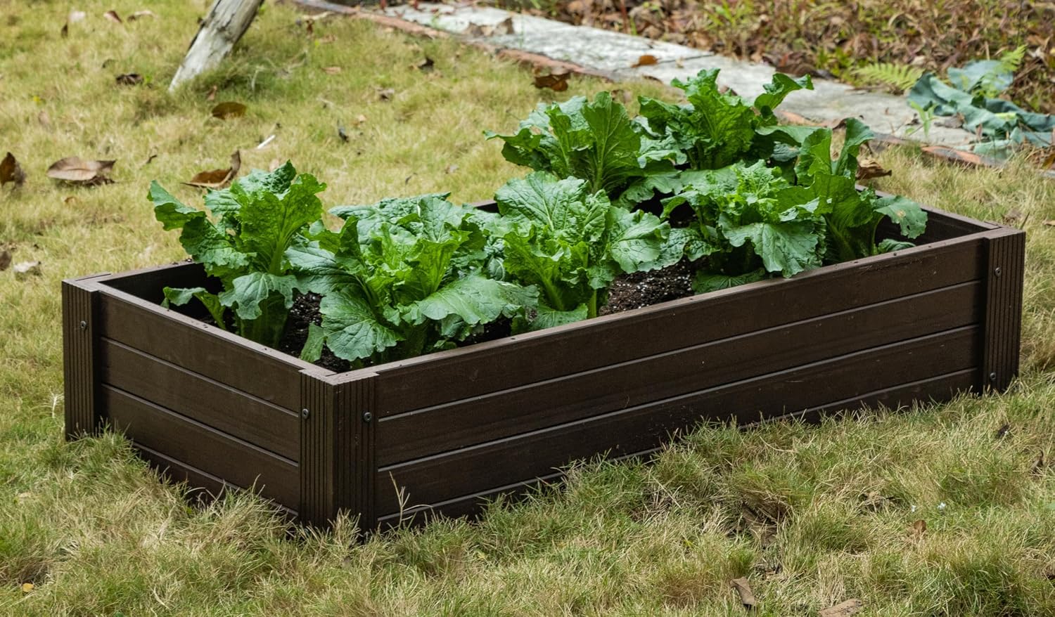 New Age Garden ECOFLEX Stackable Raised Garden Bed (2×4 ft), Open Bottom Composite Planter, Stackable, Non‑Toxic, Eco‑Friendly Walnut Finish