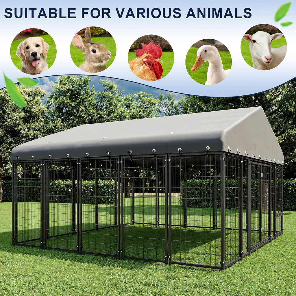 10X10FT Large Dog Kennel Outdoor Dog Enclosure Outside, Double Door Heavy Duty Galvanized Steel Dog Crate Durable Dog Cage with Roof & Double Lock
