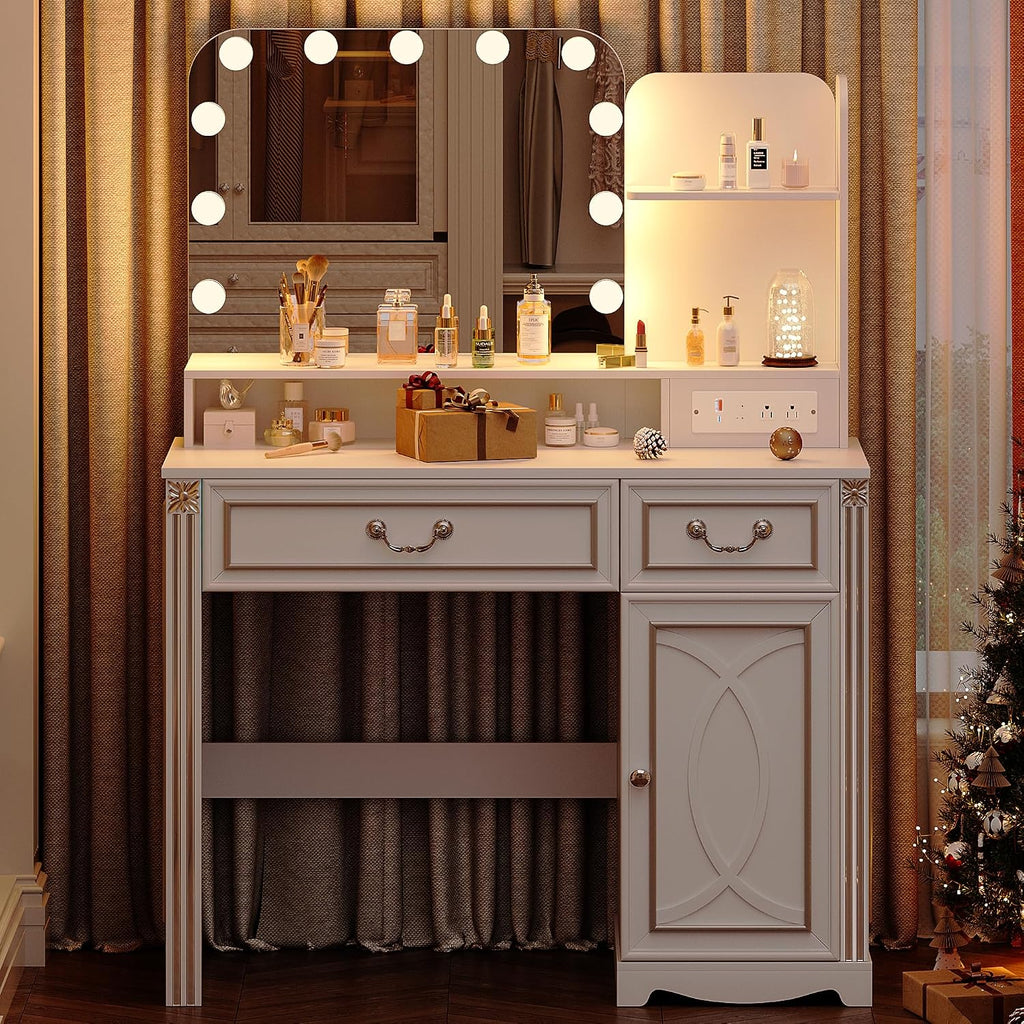 Lareth Vanity Desk with Lighted Mirror, 39.4 inch Vintage Makeup Table with Power Outlet, Bedroom Vanity Dressing Table with Adjustable Lights & 2 Drawers, Gifts for Teen Girls Women, White