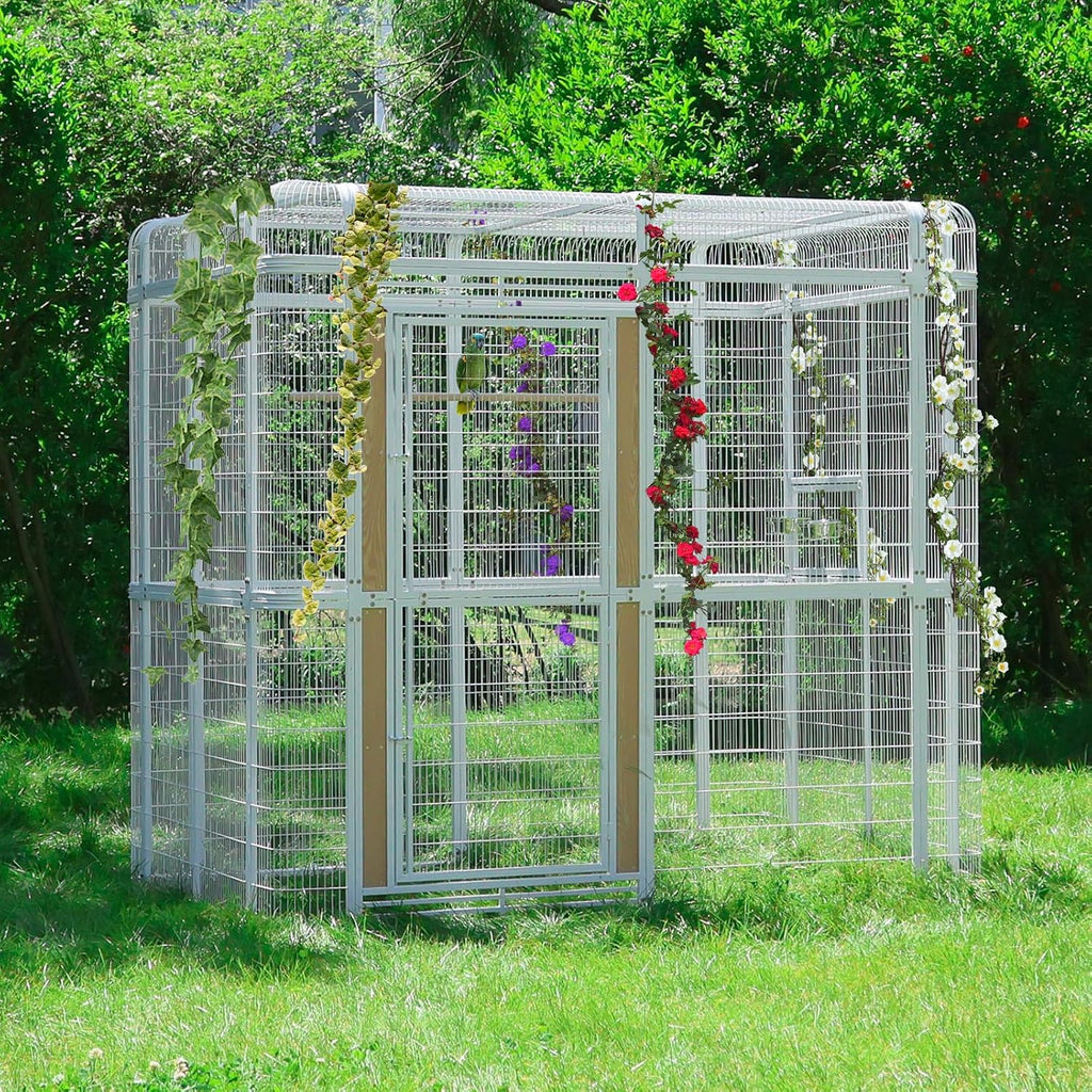Large Walk-in Cage 87-inch Heavy Duty Bird Cage Outdoor Carbon Crystal Board Aviary Parrot Cage Wide Flight Metal Birdcage for Macaw Budgie Conure Lovebird Parakeet Cockatiel, 7.22x5.25x6.8ft, White