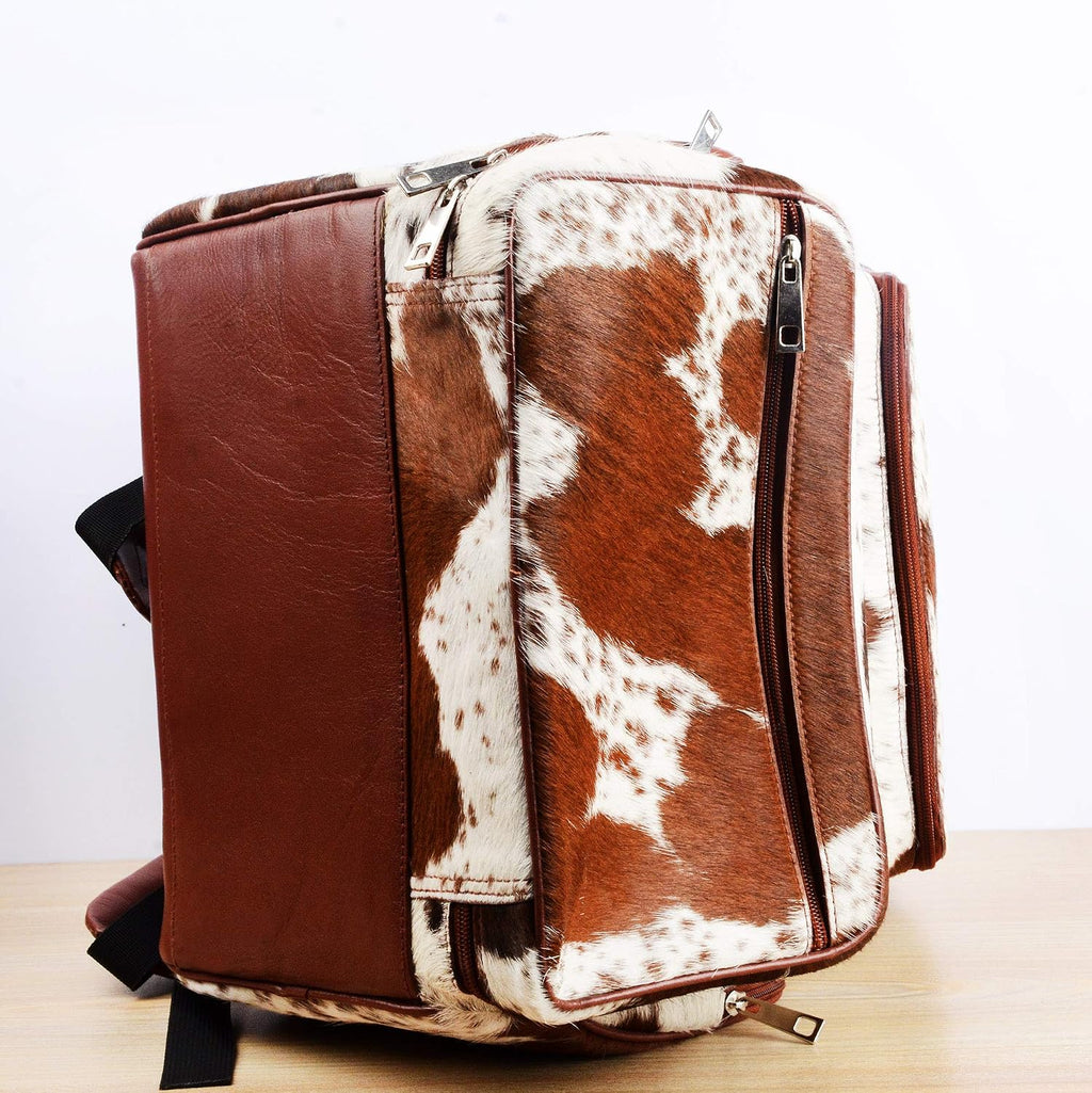 Cowhide Print Hair Diaper Bag Leather Backpack Rucksack/Knapsack Shoulder Travel Bag Brown & White (With Custom Name)