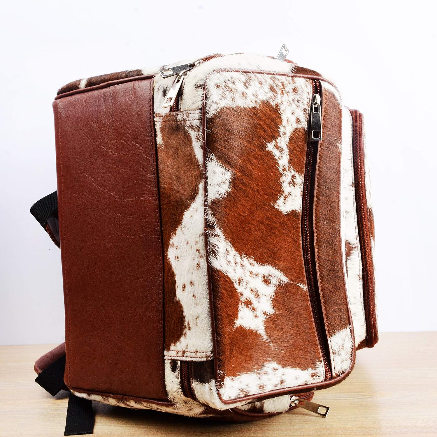 Cowhide Print Hair Diaper Bag Leather Backpack Rucksack/Knapsack Shoulder Travel Bag Brown & White (With Custom Name)