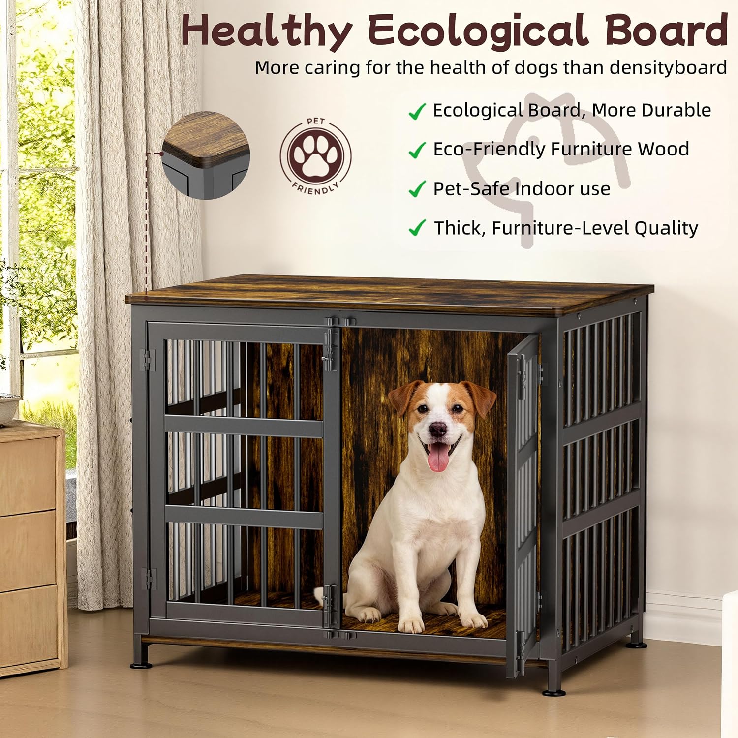 33'' Dog Crate Furniture Large Breed Dog Crate Dog Kennels for Inside Wooden Dog Crates End Table Heavy Duty Indoor Combination Cage for Medium to Large Dogs Walnut