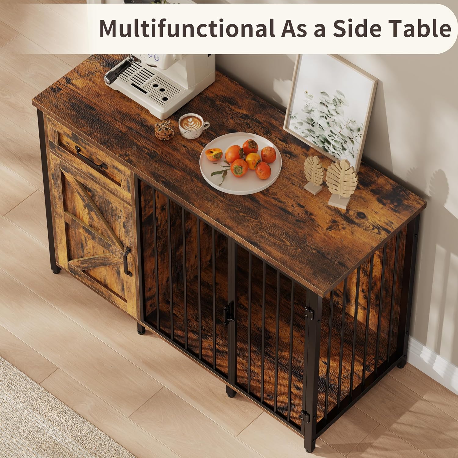 kepptory 2-in-1 Furniture Dog Crate End Table, Heavy Duty Dog Crate Furniture with Charging Station, Large Wooden Dog Kennel for Indoor with 440 lbs Load Capacity Metal Door Dog Cage for Living Room
