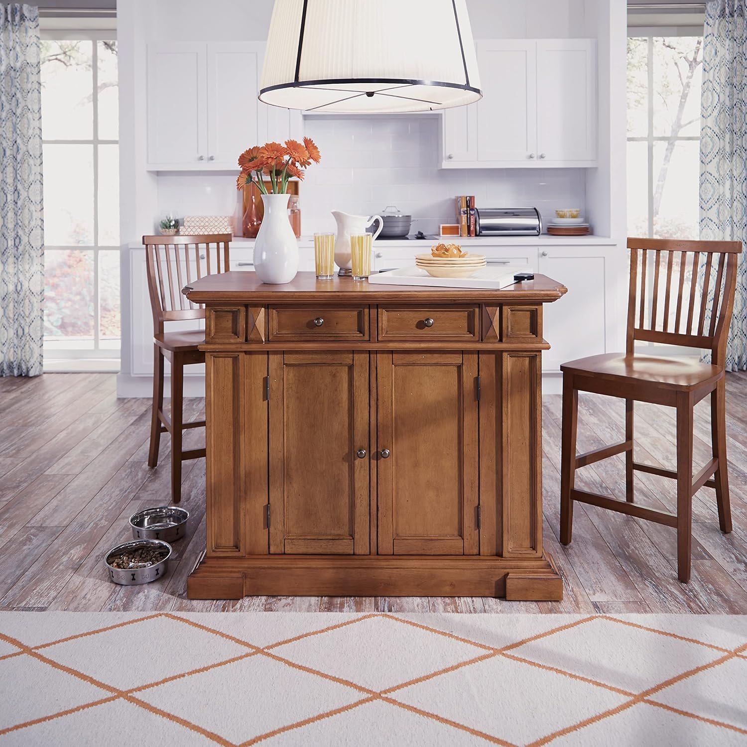 Homestyles Americana Cottage Oak 3-Piece Kitchen Island Set with Hardwood Drop Leaf Top and Two Counter Stools