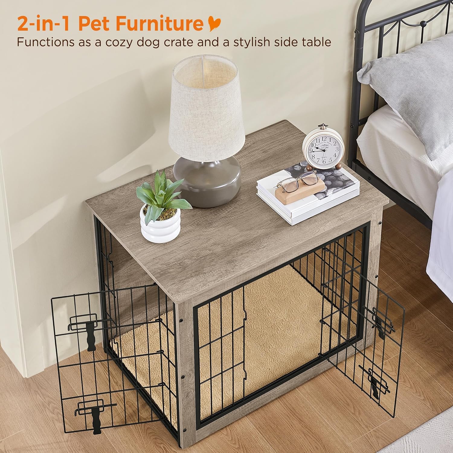 Yaheetech 32 Inch Dog Crate Furniture with Cushion, Wooden Dog Kennel with Double Door Side End Table with Adjustable Feet for Small Medium Dogs, Greige