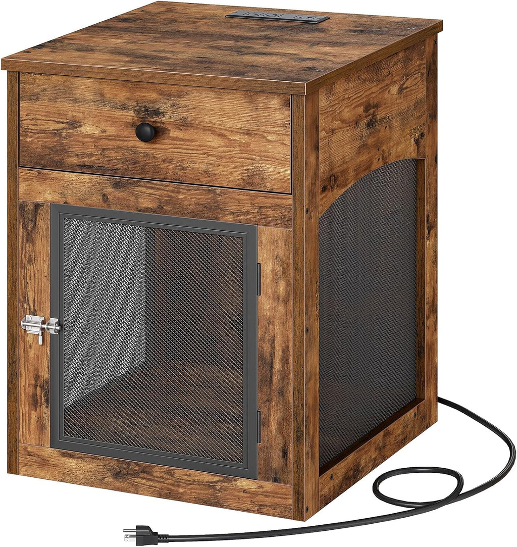 HOOBRO Dog Crate Furniture, Dog Kennel with Drawer and Charging Station, Indoor Decorative Puppy House, Wooden Pet Crate End Table for Small Dogs, Rustic Brown and Black BF58UGW03G1
