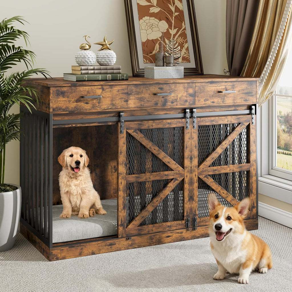 kepptory 48 Inch Large Dog Crate Furniture with 3 Storage Drawers, Wooden Pet Kennel with Removable Divider, Dog Kennel End Table TV Stand, Farmhouse Style Dog Crates with Sliding Barn Door (Brown)
